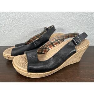 Crocs A Leigh Black Leather Slingback Cork Wedge Sandals Women Size 7 Open Toe